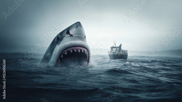 Fototapeta shark attack with open mouth in the sea near the side of a boat.boat with a shark lurking by around the boat