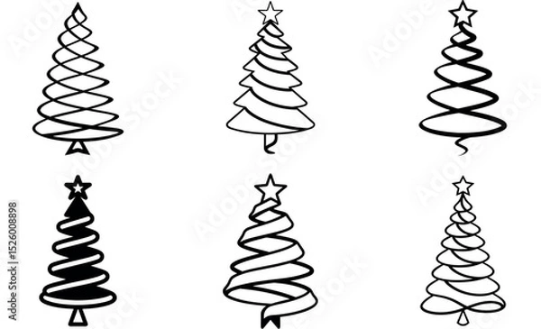 Fototapeta Six stylized Christmas tree silhouettes with decorative ribbon