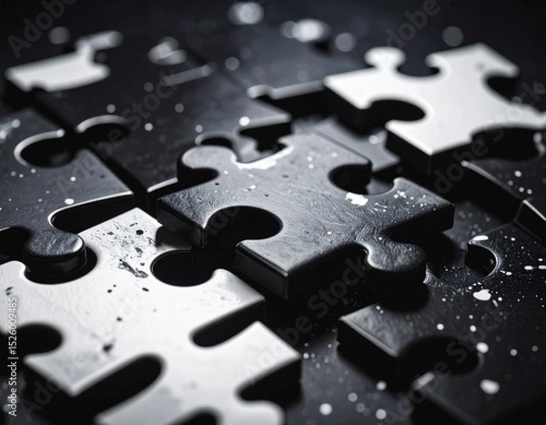 Fototapeta A collection of black and white puzzle pieces with a glossy, textured surface and scattered white paint splatters, emphasizing contrast and design.