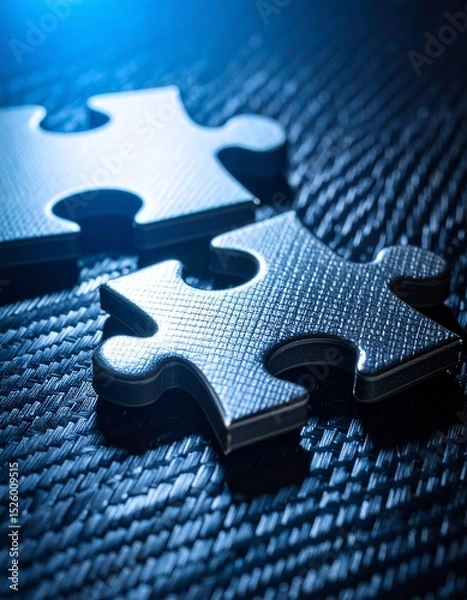 Fototapeta Detailed close-up of puzzle pieces on a textured, woven surface, illuminated by a blue light source, symbolizing problem solving and teamwork.