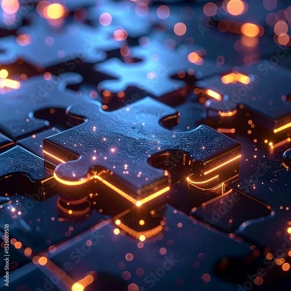 Fototapeta Close-up of glossy puzzle pieces with glowing neon edges, set against a dark background with floating light particles, creating a futuristic, tech-inspired atmosphere.