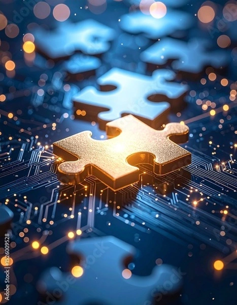 Obraz Golden puzzle pieces on a circuit board background symbolize digital transformation, problem-solving, and technological connectivity in the modern world.