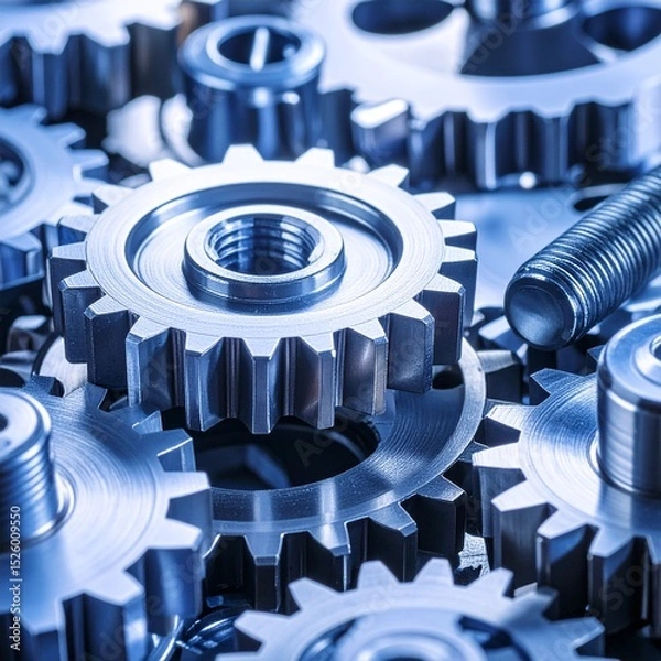 Fototapeta Detailed macro shots of interlocking metal gears showcase the precision and complexity of industrial machinery and mechanical engineering.