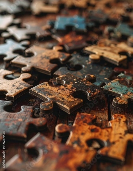 Fototapeta Close-up of assorted jigsaw puzzle pieces with a rustic, weathered texture in shades of brown, blue, and orange, emphasizing age and decay.