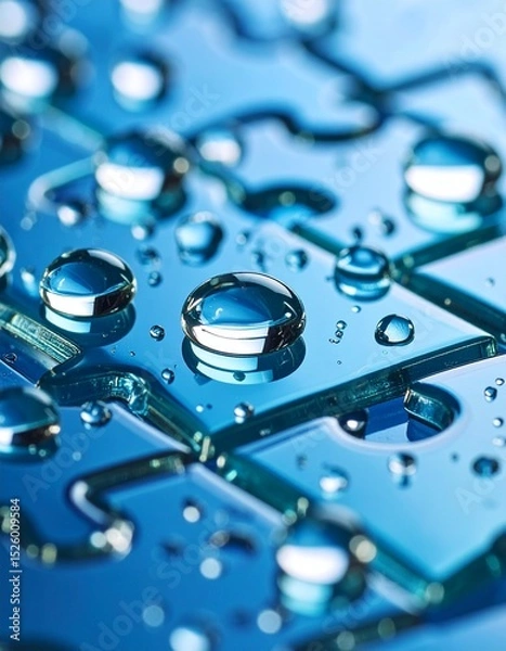 Fototapeta Close-up of shiny water droplets scattered across interconnected blue puzzle pieces, reflecting light and symbolizing unity, connection, and teamwork.