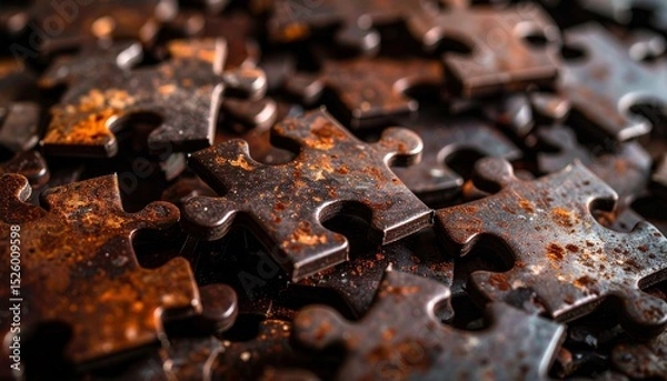 Fototapeta Detailed close-up of rusty metal jigsaw puzzle pieces with textured surfaces, highlighting decay, time, and industrial themes.