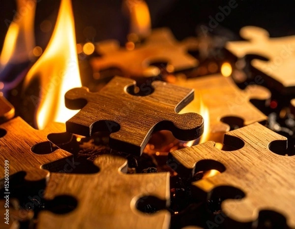 Fototapeta Close-up of wooden jigsaw puzzle pieces catching fire, with flames and embers creating a dramatic and intense visual effect.