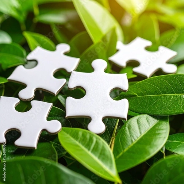Fototapeta Four white puzzle pieces rest on lush green leaves, highlighting concepts of connection, nature, and sustainability in a bright, natural setting.