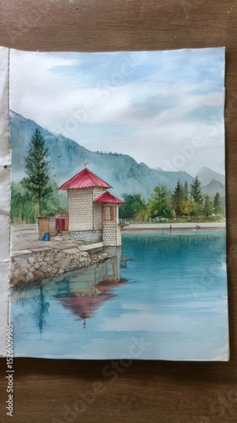 Fototapeta Watercolor Painting of a Stone House with Red Roof on a Calm Mountain Lake