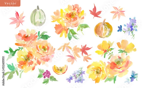 Obraz Vector clipart set of abstract autumn leaves, pumpkins, and berries painted in watercolor. Hand-drawn fall botanical illustrations for thanksgiving and pattern.