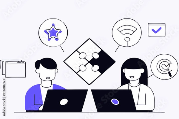 Fototapeta Presentation slide template or landing page website design. Business concept illustrations. Modern flat outline style. Teamwork concept