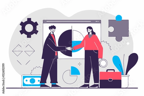 Fototapeta Presentation slide template or landing page website design. Business concept illustrations. Modern flat outline style. Teamwork concept