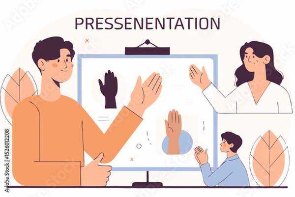 Fototapeta Presentation slide template or landing page website design. Business concept illustrations. Modern flat outline style. Teamwork concept
