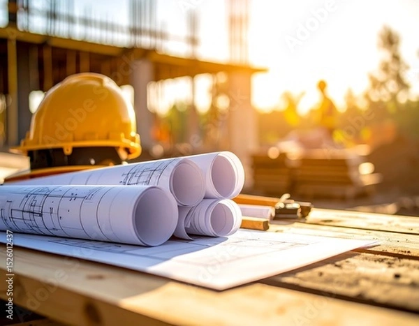 Obraz Construction blueprints on wooden table