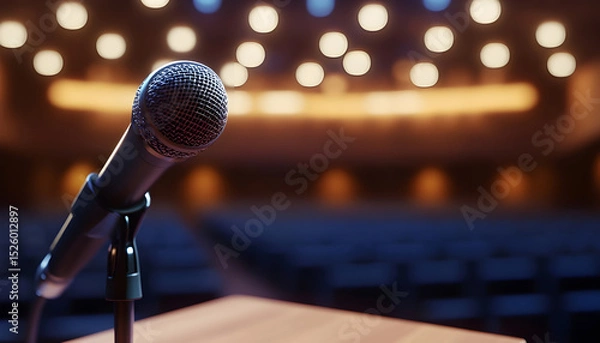Obraz Closeup of microphone on wooden podium with blurred empty seats in background in modern lighted conference hall scene