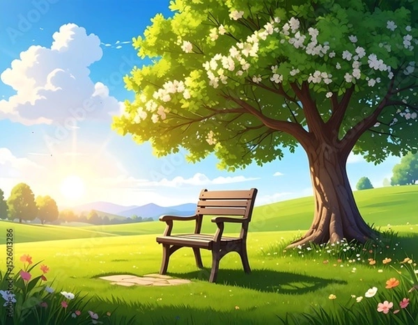 Obraz Peaceful meadow scene with a bench under a tree