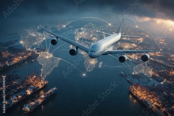 Fototapeta Airplane flying over illuminated world map concept