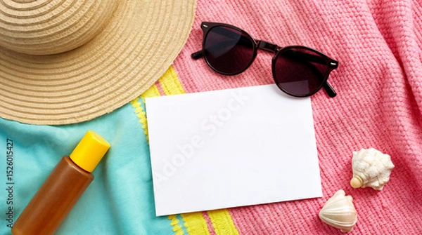 Fototapeta A white card with a blank space on it is on a pink blanket