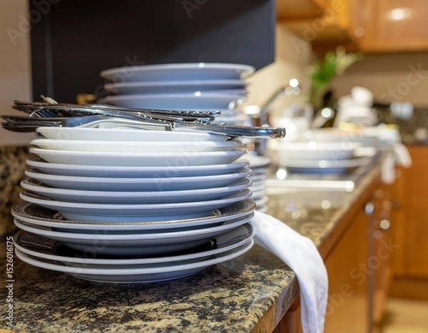 Obraz Stacked dishes on kitchen counter