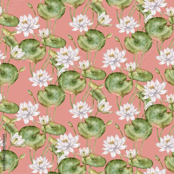 Fototapeta Seamless watercolor pattern featuring delicate white water lilies with green leaves. Hand-drawn lotus flowers on an isolated background, perfect for textiles and wrapping paper.