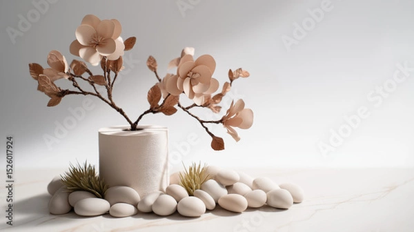 Fototapeta A toilet roll blooming with paper flowers, surrounded by smooth white pebbles and tufts of artificial grass - Generative AI