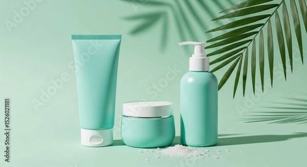 Fototapeta A set of elegant mint green skincare products displayed with a subtle palm leaf shadow and white granules.
