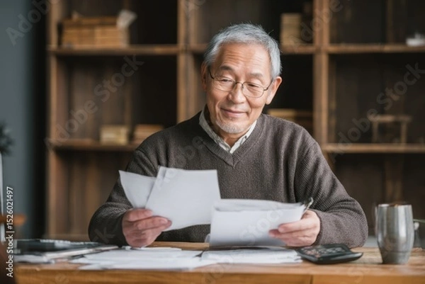 Fototapeta Senior Gentleman Carefully Sorting Through His Paperwork At His Desk In His Home With Smile On His Face