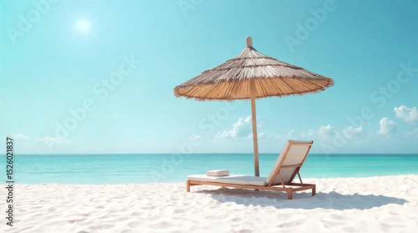 Fototapeta A beach umbrella is on the sand next to a beach chair