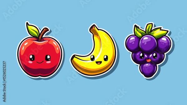 Fototapeta Colorful cartoon fruits featuring a happy apple, cheerful banana, and smiling grapes on a bright blue background