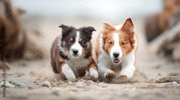 Obraz Two puppies playing on beach