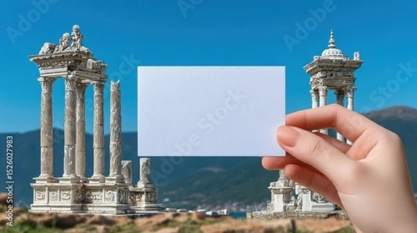 Obraz Hand Holding Blank Card in Front of Ancient Ruins Landscape
