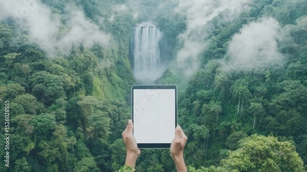 Obraz Hands Holding Tablet Displaying Blank Screen Near Lush Waterfall