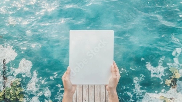 Obraz Hands Holding Blank White Board Over Calm Blue Ocean Water Surface