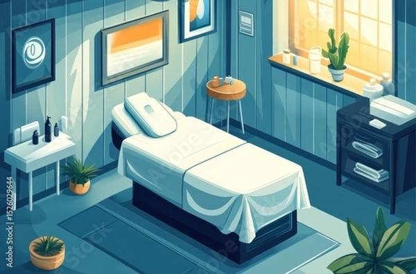 Obraz Cartoon isometric massage shop with essential oil bottles