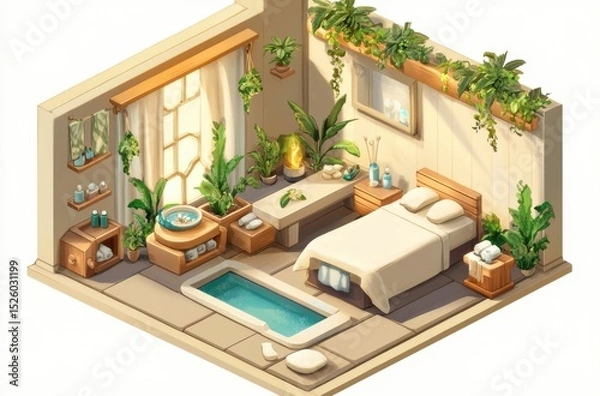 Obraz Cute isometric spa room with characters getting shoulder