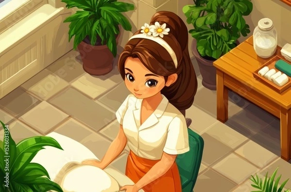 Obraz Cute isometric spa room with characters getting shoulder