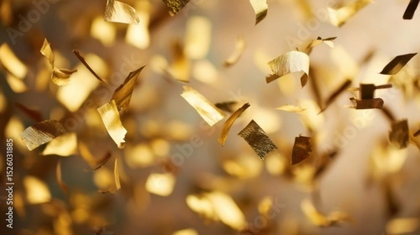Fototapeta Golden confetti pieces floating in mid-air, creating a festive and celebratory atmosphere with warm, light-filled background. Varied shapes and sizes of confetti, including small rectangles and irregu