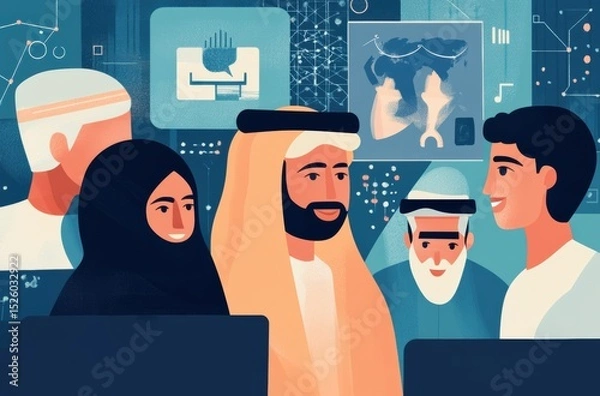 Obraz Emirati business leader mentoring young team using tablet
