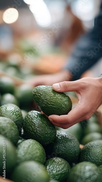 Fototapeta A person selecting a ripe avocado from a pile at a market or grocery store with a blurred background.