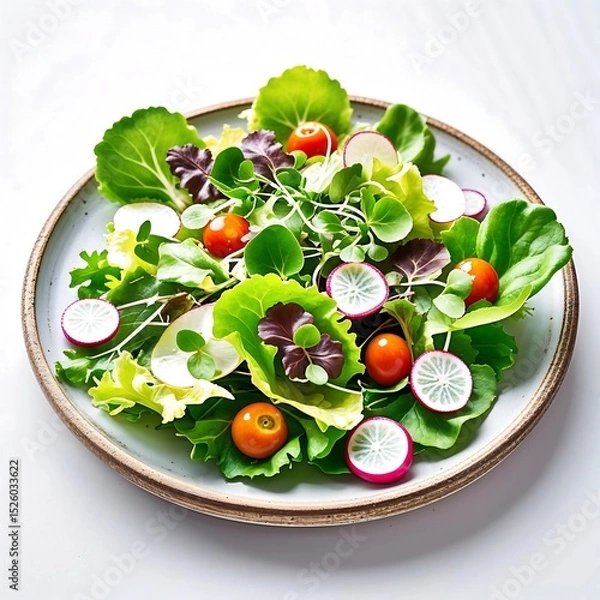 Fototapeta Healthy Fresh Mixed Salad with Radish, Cherry Tomatoes, and Lettuce on Plate