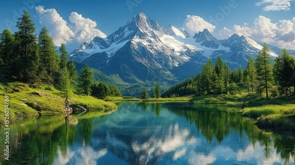 Fototapeta Clear mountain lake reflecting tall snow-capped peaks surrounded by green pine trees and lush grass under a bright blue sky with white fluffy clouds