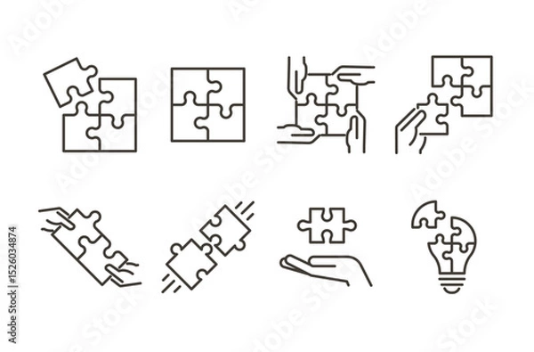 Fototapeta Puzzle and teamwork icon set. Thin line editable stroke icons for solution finding, collaboration, integration, ideas, innovation, strategy, and shared goals