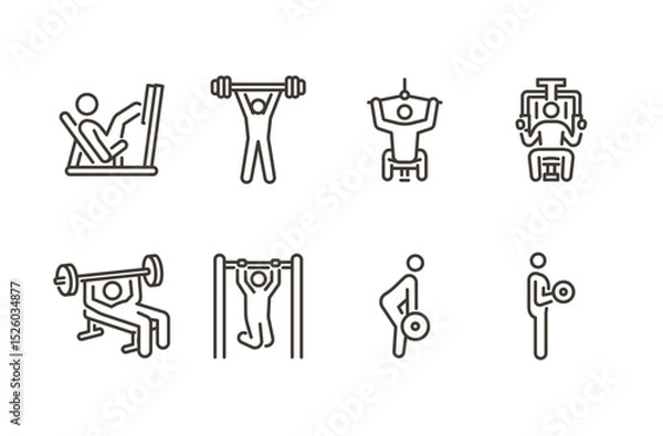 Fototapeta Gym strength icon set. Thin line editable stroke icons for fitness machines, bodybuilding, weightlifting, power training, exercise equipment, and muscle development