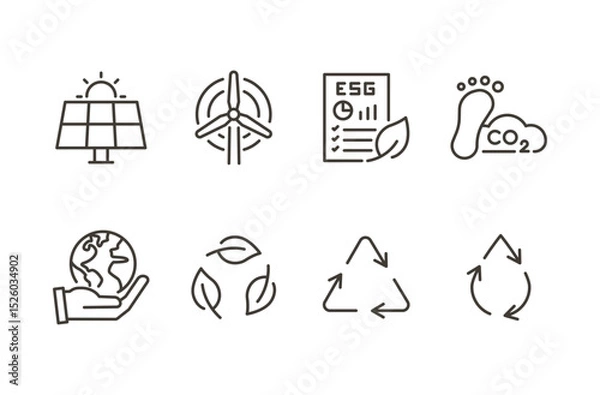 Fototapeta Sustainability ESG icon set. Thin line editable stroke icons for renewable energy, recycling, environmental impact, carbon footprint, green practices, water reuse, and planet care
