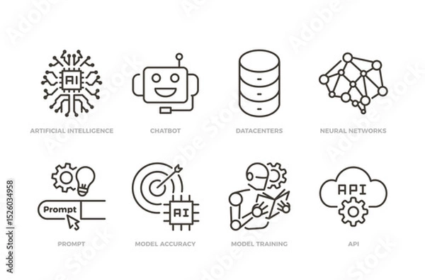 Fototapeta AI machine learning icon set. Thin line editable stroke icons for artificial intelligence, chatbot, neural networks, training models, prompts, accuracy, and API integration