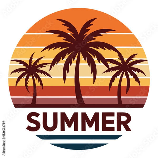 Fototapeta Three Palm Trees at Sunset with the Word Summer in Maroon on a White Background