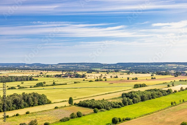 Obraz Aerial view at a cultivated landscape with fields on a plain in the summer