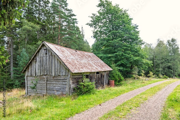 Obraz Old wooden barn by the roadside at a dirt road in a forest