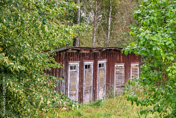 Obraz Idyllic old wooden outhouse on a meadow by the forest