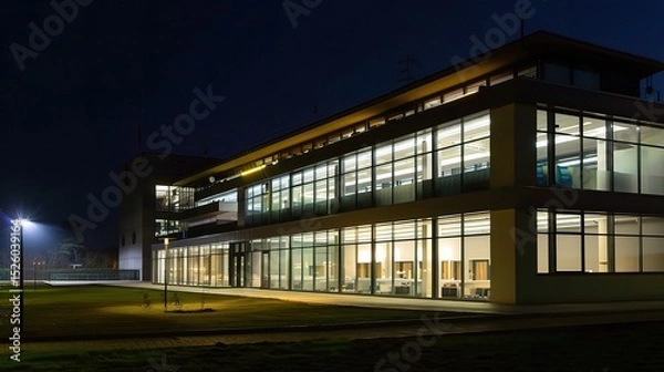 Fototapeta Modern business center at night illuminated by vibrant neon lights and glowing windows, showcasing sleek architectural designs and a bustling urban atmosphere. The tall skyscrapers stand out against t